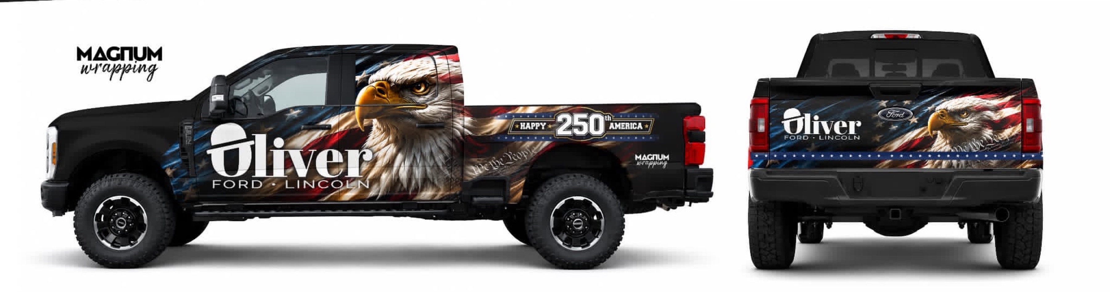 A Magnum Wrapping design proof: side and rear views of an Oliver Ford Lincoln pickup wrapped in an American-flag and eagle theme.