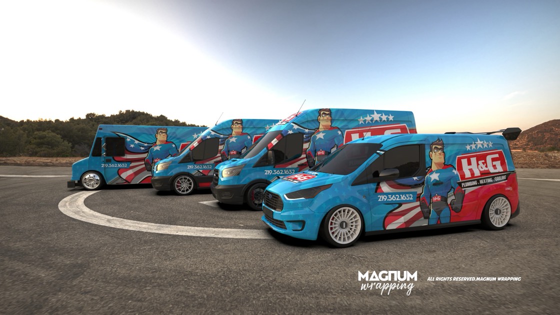 A design render of a matched H&G van fleet, proofed before production.