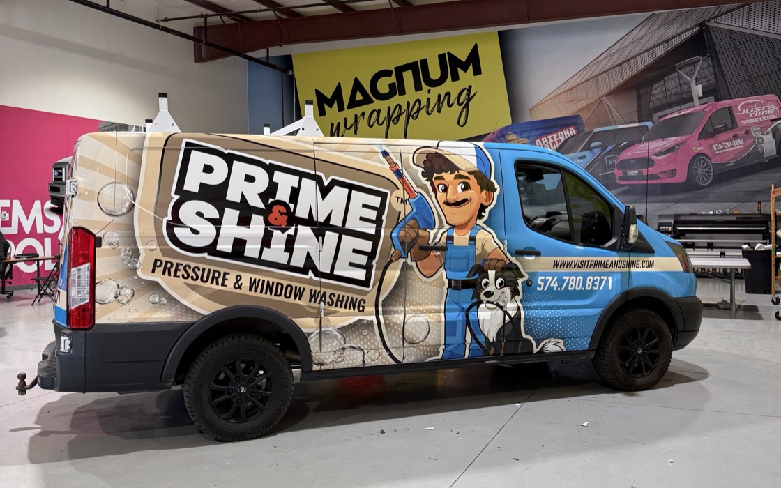 A full commercial wrap on a Prime & Shine Ford Transit van by Magnum Wrapping.