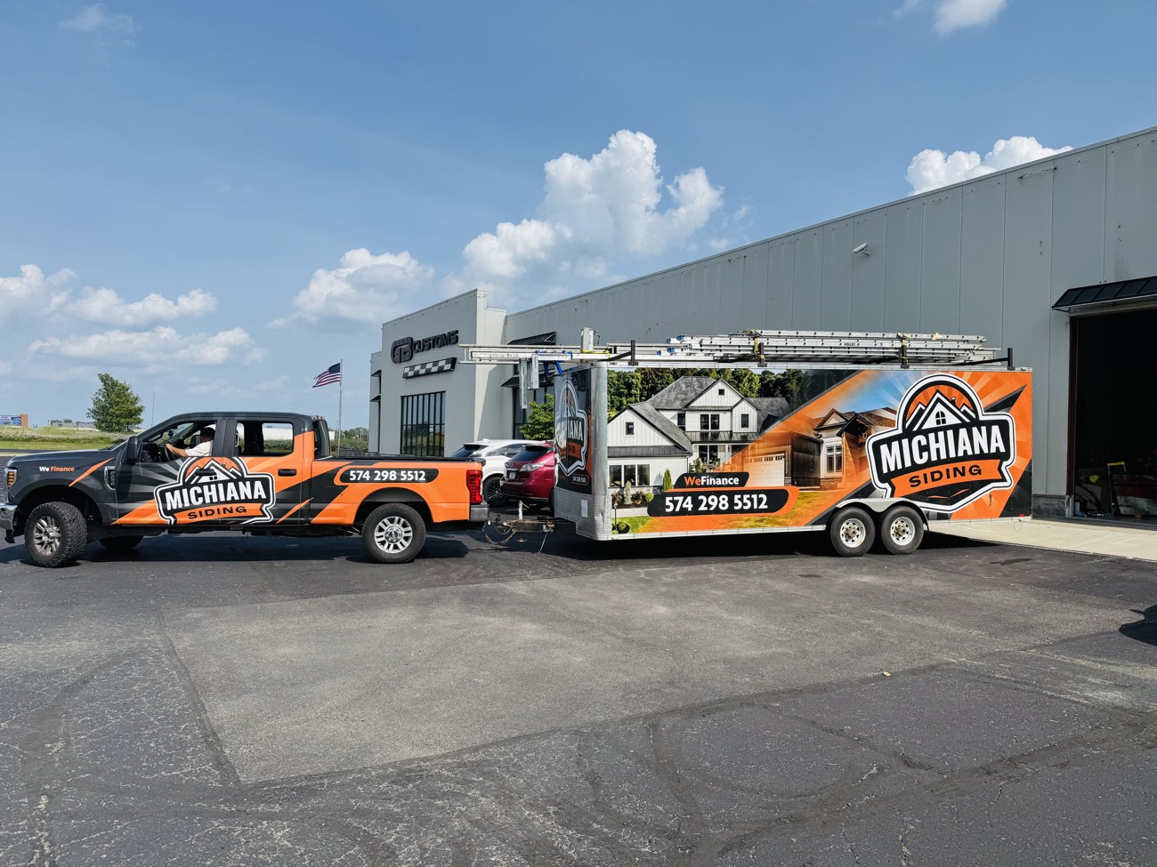 Matched truck and enclosed trailer wrap for Michiana Siding.
