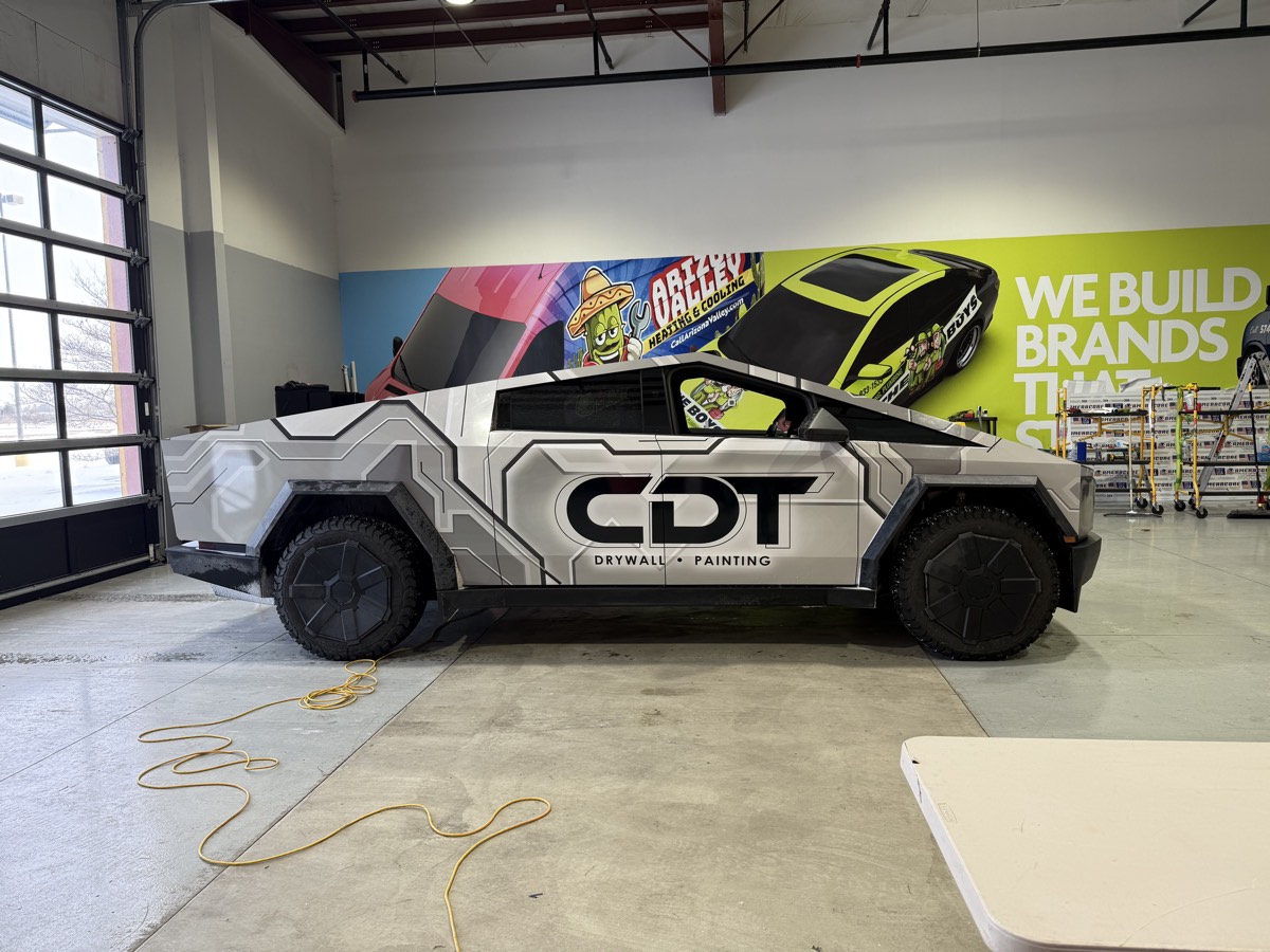 Tesla Cybertruck wrap for CDT Drywall & Painting.